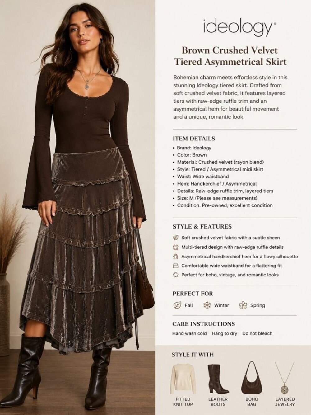 Ideology Women’s Brown Crushed Velvet Tiered Asymmetrical Midi Skirt Brown Sz 6